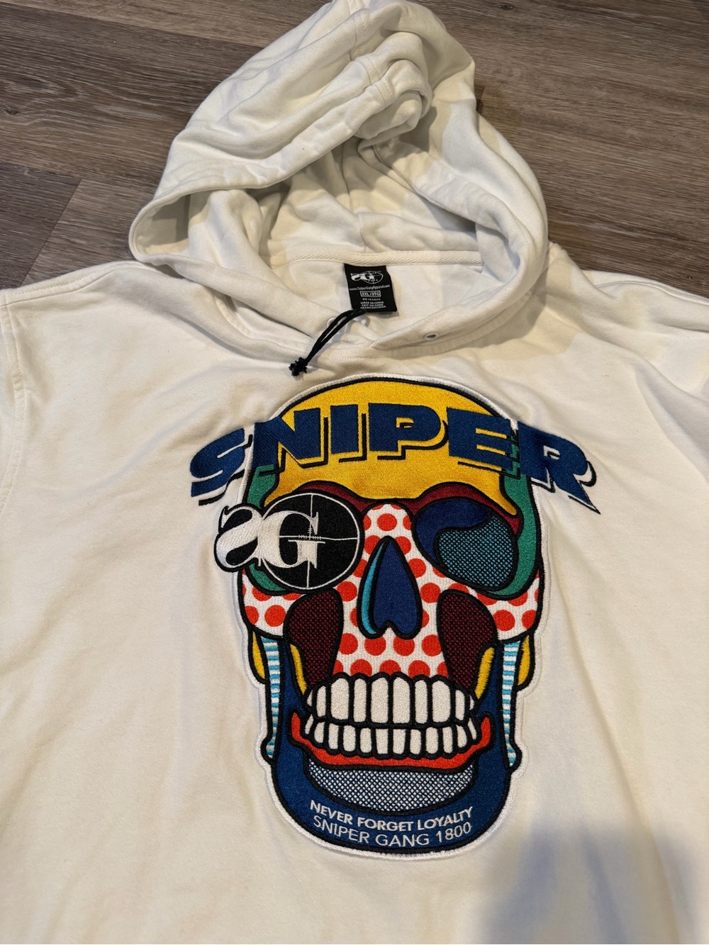 SNIPER GANG White Crewneck Hoodie with Colorful Skull Graphic